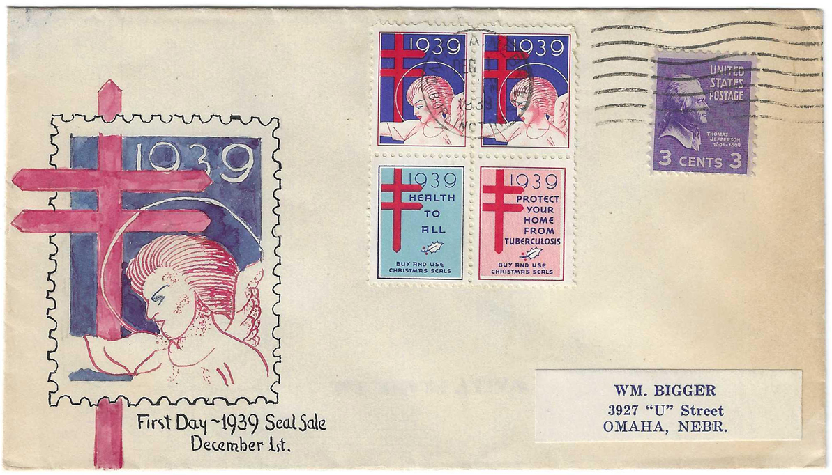 U.S. Scott #807 on cover with newly-issued 1939 Christmas Seals postmarked Omaha, December 1, 1939. The cover is addressed to William Bigger, an Omaha native and well known collector of Christmas Seals in the 1930-1950 time frame. It features a hand-painted cachet, and is an example of an unofficial-city First Day Cover. From the multiple award-winning 1939 Christmas Seals exhibit of Randy Bergstrom.