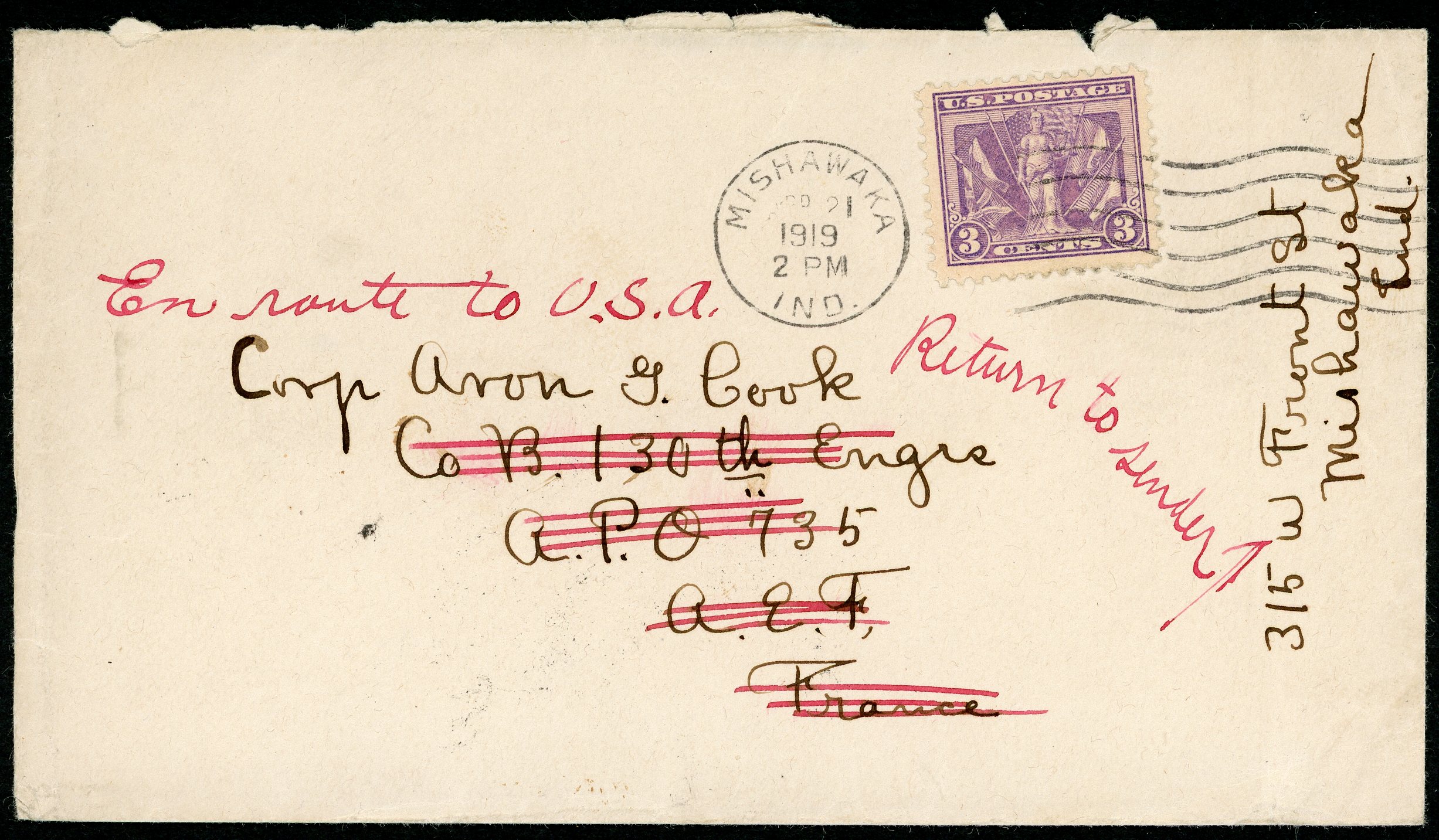 April 21, 1919 Mishawaka, Indiana cover franked with a Three-cent Victory stamp addressed to Corporal Avon G. Cook and returned to sender