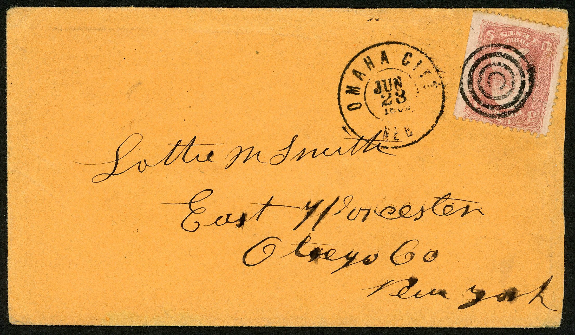 1860s Omaha City Nebraska to East Worcester New York Cover