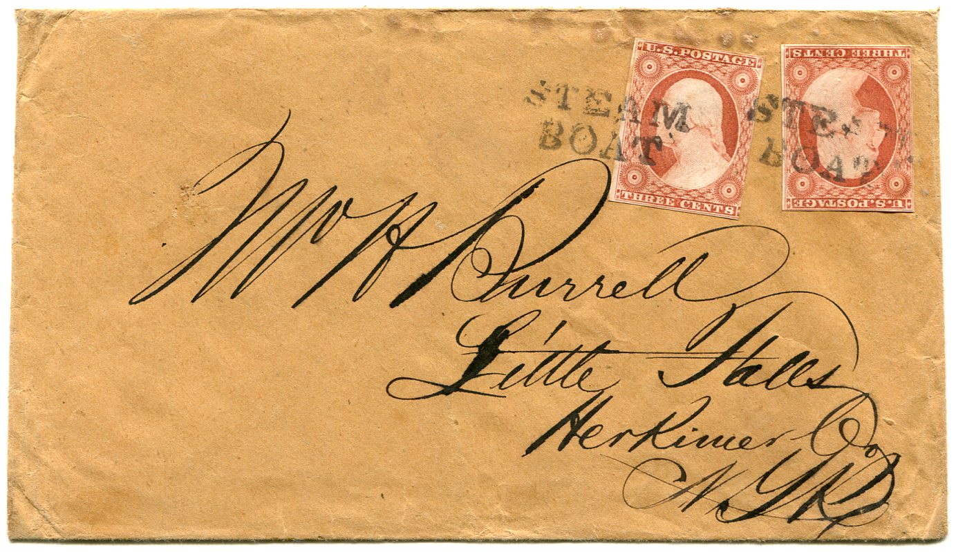 Circa 1851-52 cover addressed to Little Falls, Herkimer County, New York. Two 1851 3-cent orange brown stamps (Scott #10A) from plate 5 early are tied by STEAM BOAT hand stamps, indicating the cover traveled by boat on the Mohawk River.