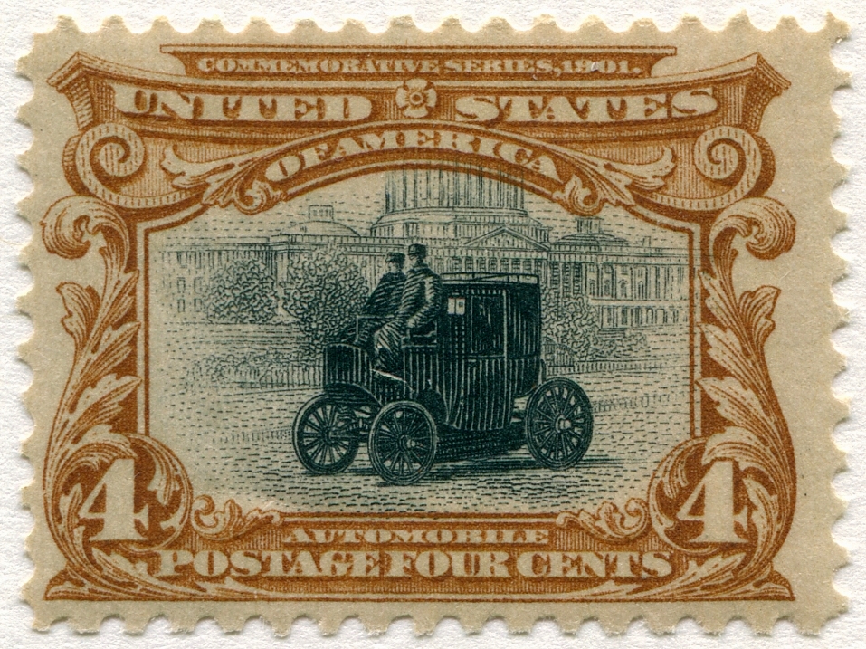 1901 4-cent stamp from the Pan-American Exposition commemorative issue depicting an electric automobile in Washington