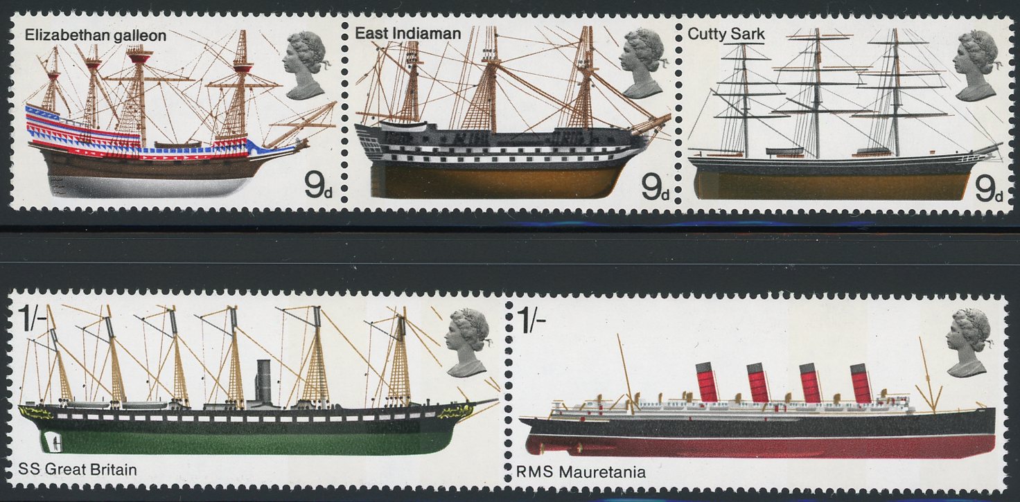 Ships are a popular topical stamp collecting subject. Above are Great Britain 1969 stamps showing the Elizabethan galleon, East Indiaman, Cutty Sark, SS Great Britain, and RMS Mauretan
