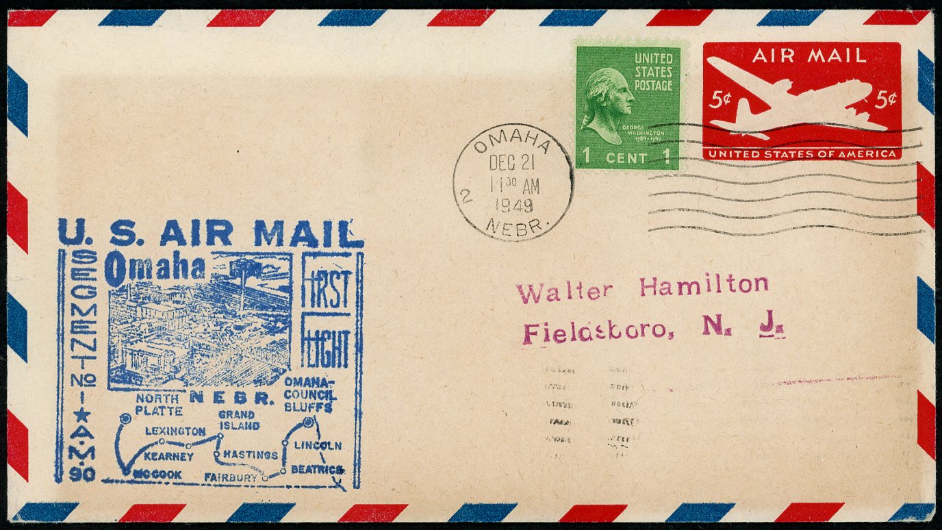 Contract Air Mail (CAM) first flight cover flown on CAM route AM-90 by Mid-West Airways pilot Robert W. Hicks from Omaha to North Platte, Nebraska on December 21, 1949, addressed to final destination, Fieldsboro, New Jersey