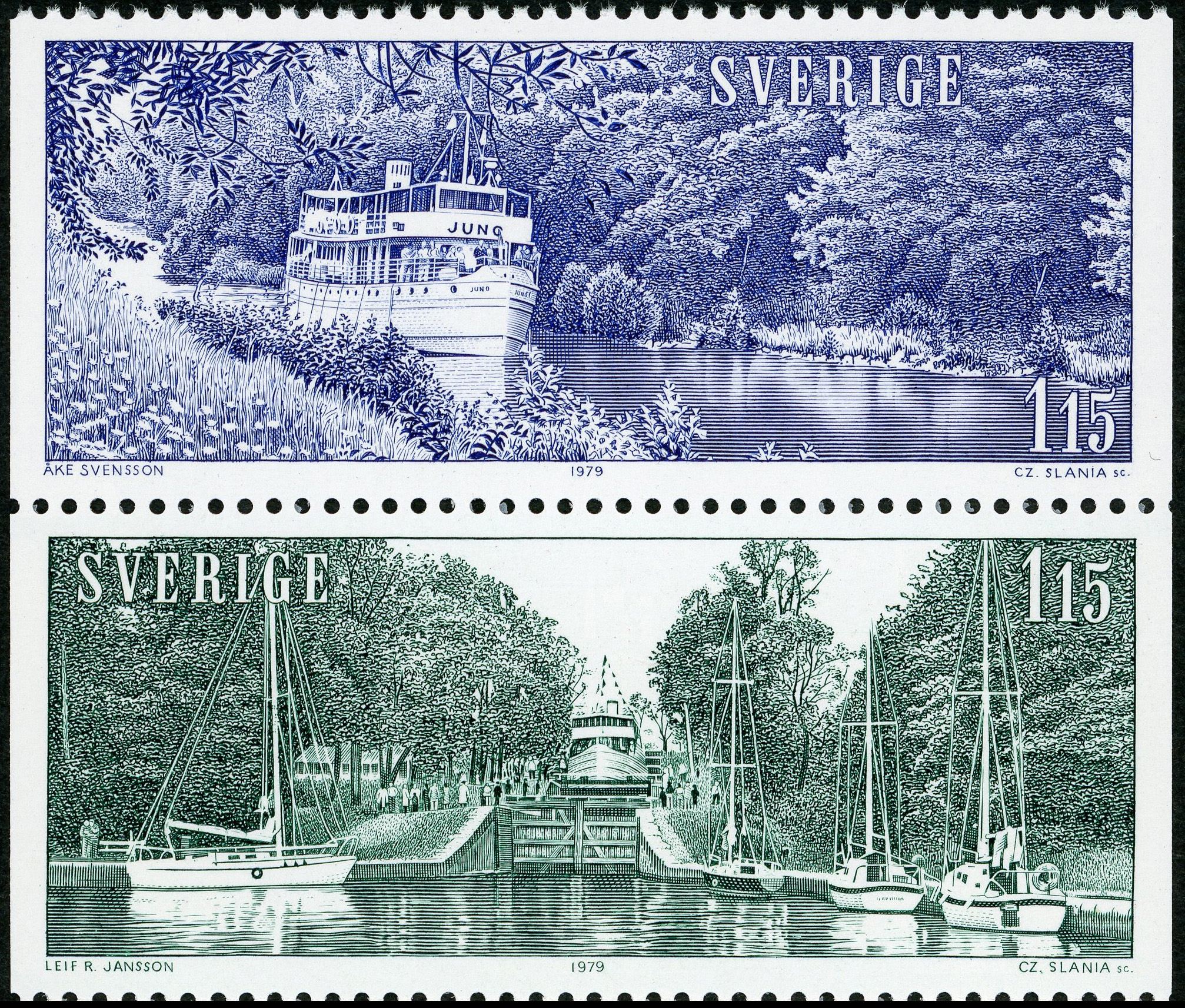 Two stamps from the Sweden 1979 Gota Canal commemorative booklet pane designed by Ake Svensson and Leif R. Jansson; engraved by Czeslaw Slania