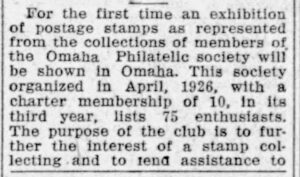 Newspaper clipping announcing the first Stamp Show hosted by the Omaha Philatelic Society, in 1929