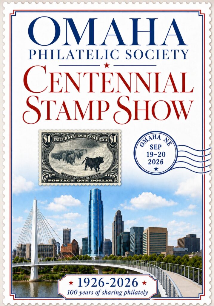 Omaha Philatelic Society Centennial Stamp Show theme including the Omaha skyline and the Bob Kerrey Pedestrian Bridge over the Missouri River