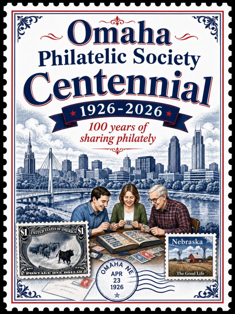 Omaha Philatelic Society Centennial theme featuring the Omaha skyline and a few people enjoying stamps together