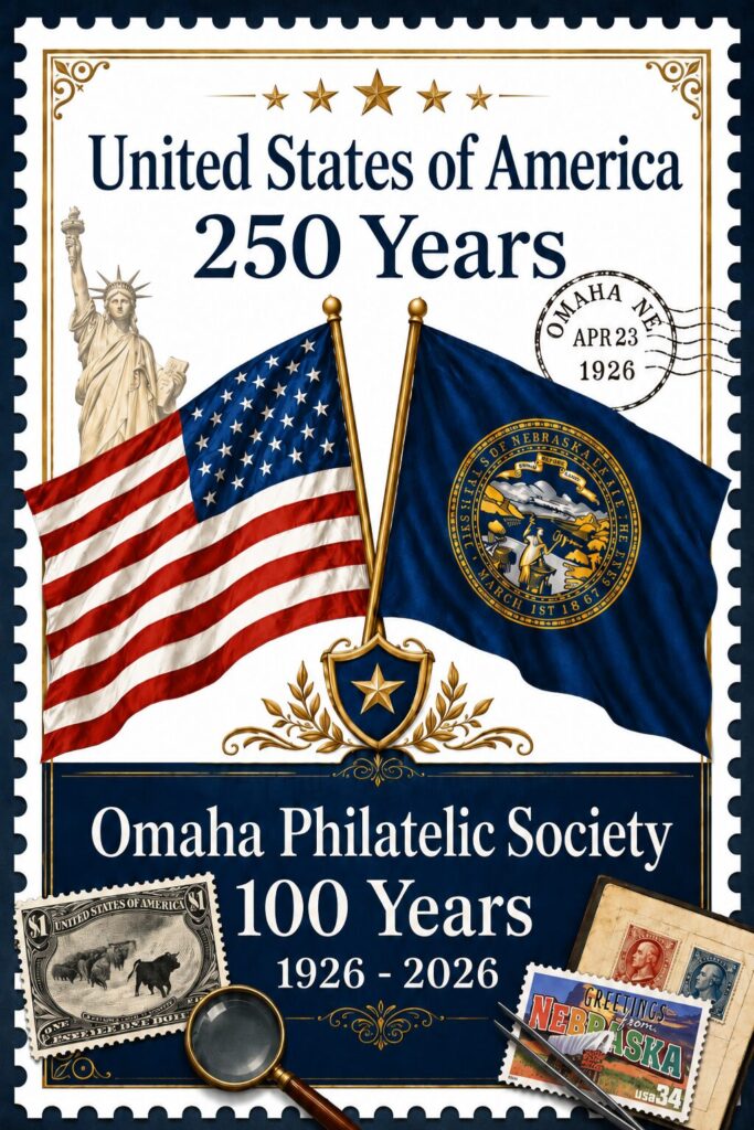 Patriotic theme with crossed flags including the Omaha Philatelic Society Centennial and the 250th Anniversary of the Signing of the Declaration of Independence